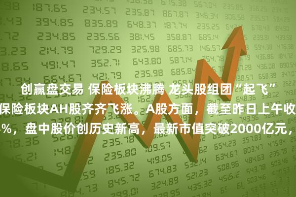 创赢盘交易 保险板块沸腾 龙头股组团“起飞” 本周第一个交易日，保险板块AH股齐齐飞涨。A股方面，截至昨日上午收盘，新华保险上涨4%，盘中股价创历史新高，最新市值突破2000亿元，中国太保、中国平安、中国人寿、中国人保涨幅皆超2%；港股方面，香港保险板块大涨超4%，中国人寿大涨近6%，平安摩通五八购、平安瑞银五八购双双实现单日翻倍，友邦保险放购证亦集体飙涨。